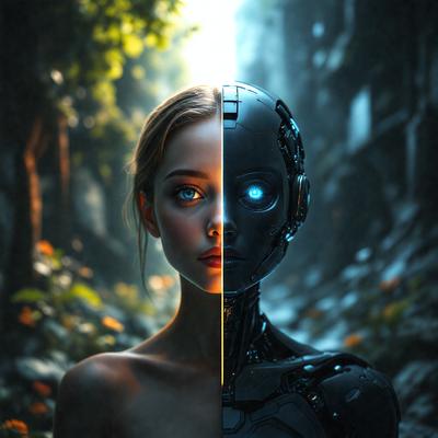The primary subject of the image is a woman with a robotic face. She is standing in a forest, surrounded by trees and rocks. The setting is a natural environment with a mix of organic and mechanical elements. The visual style of the image is a combination of photo and digital art, creating a unique and intriguing scene. The colors and mood of the image are dark and mysterious, with the woman's robotic face adding an element of futuristic and surrealism to the overall atmosphere.
